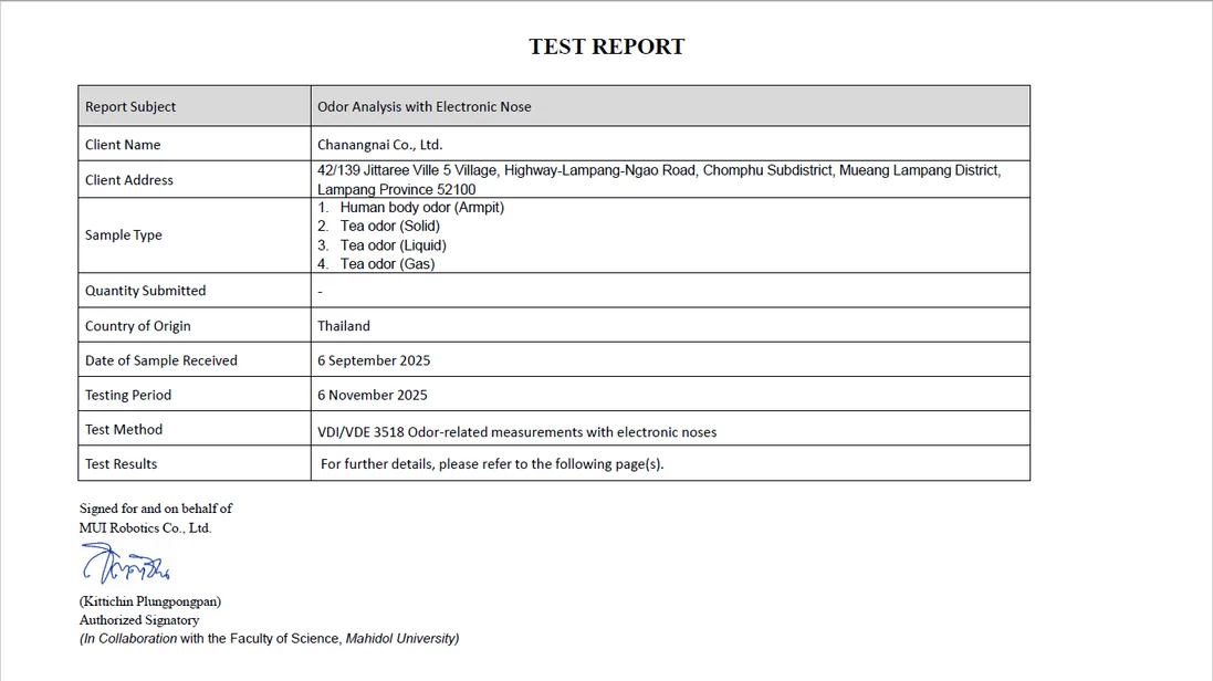TEST REPORT: Odor Analysis with Electronic Nose สำหรับ Chanangnai Co., Ltd. โดย MUI Robotics รายงานได้รับตัวอย่างวันที่ 6 กันยายน 2025 และทดสอบวันที่ 6 พฤศจิกายน 2025